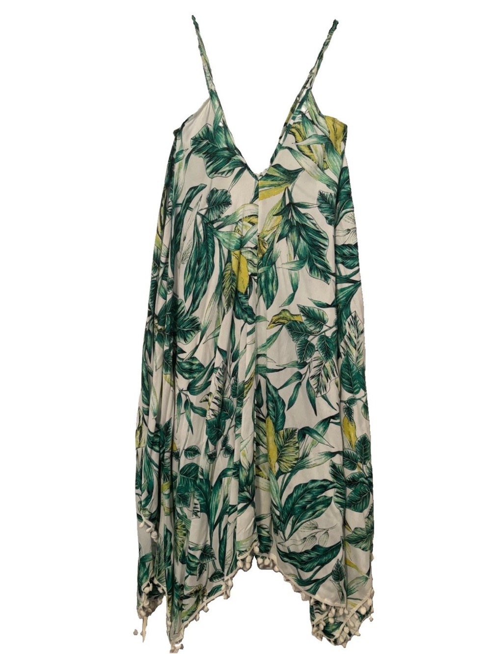 Japna Green & White Asymmetrical Tropical Handkerchief Hem Dress